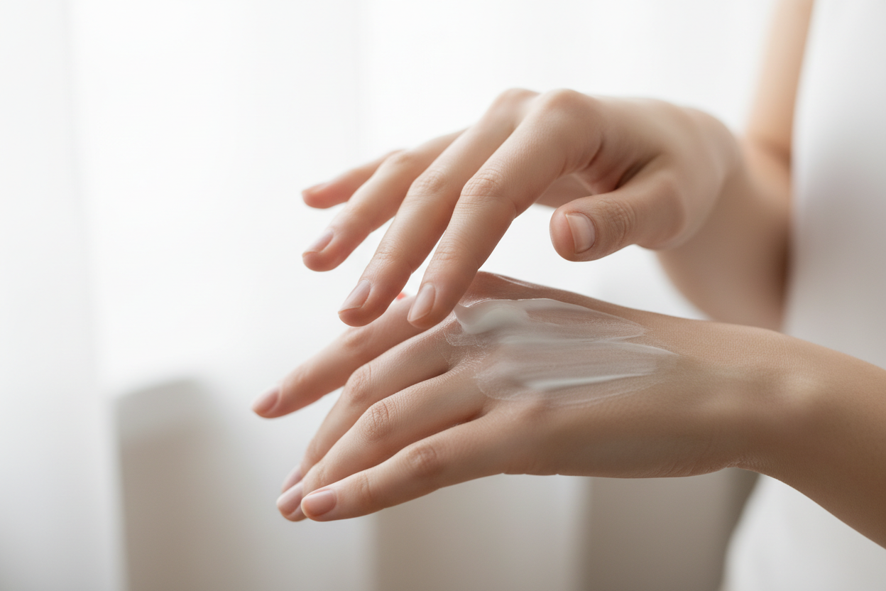 Hands applying hand cream