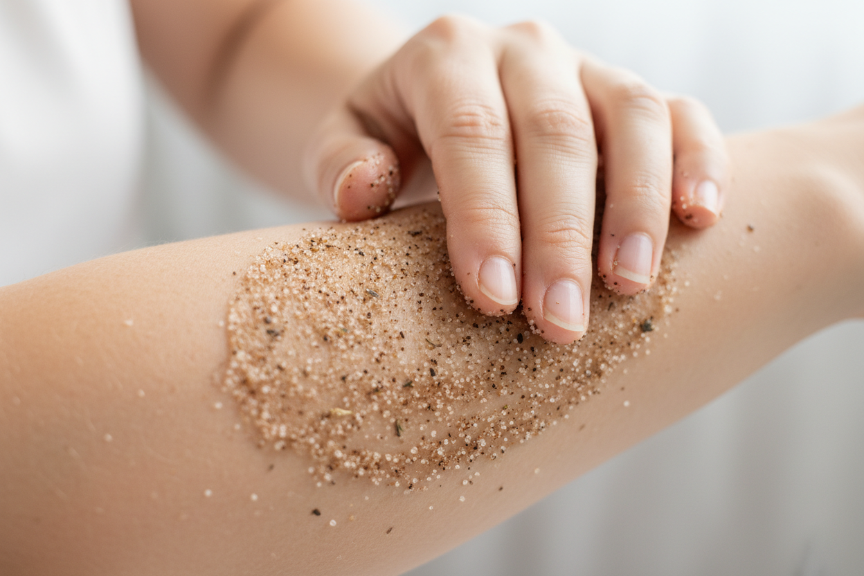 Hands applying scrub on arm