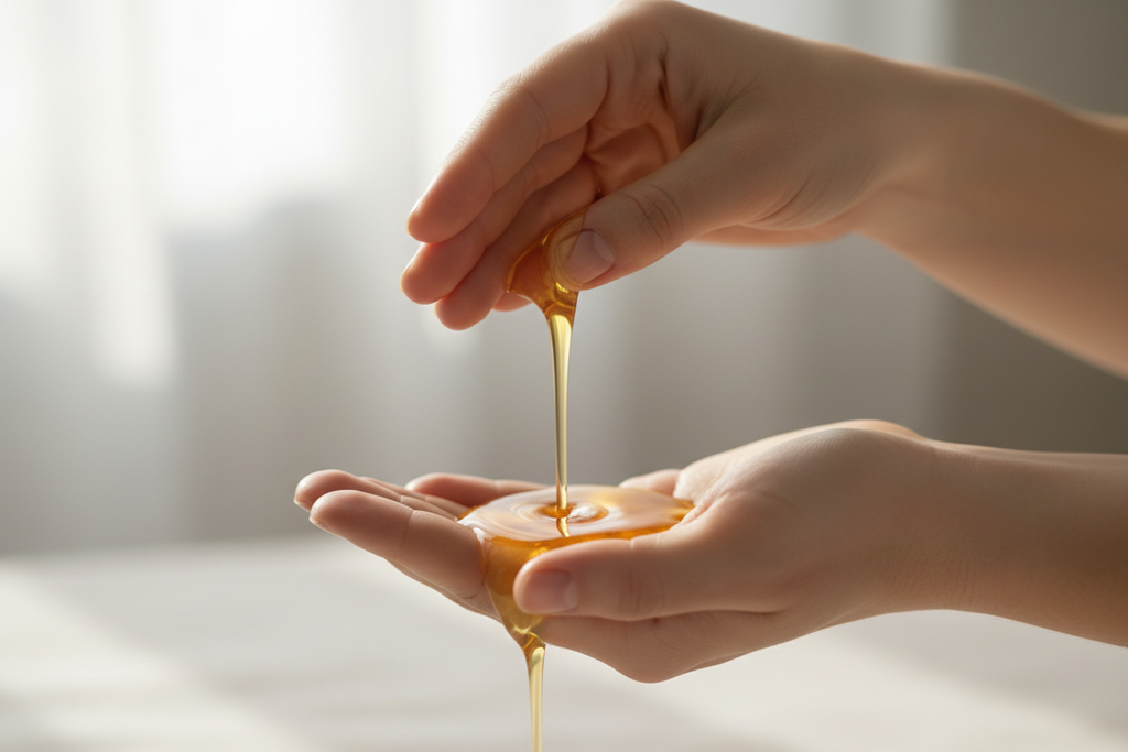Hands pouring massage oil